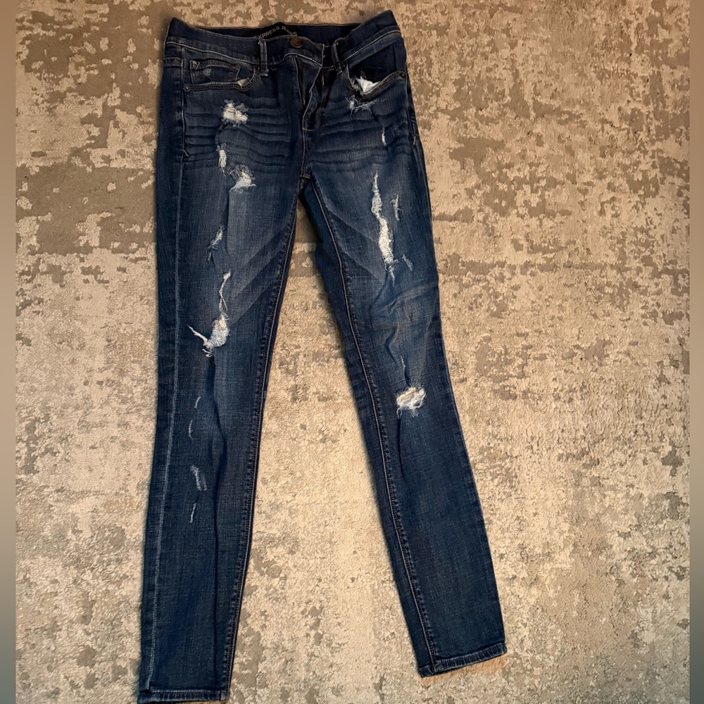 Express Dark Blue Distressed Skinny Jeans